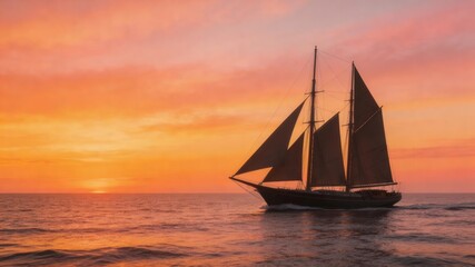 Fototapeta premium Sunset Sail: A majestic sailboat glides gracefully across a calm sea as the sun dips below the horizon, painting the sky with fiery hues. 