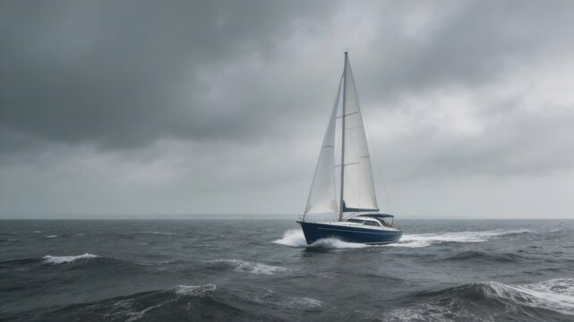 Sailboat Navigating the Storm: A lone sailboat fearlessly cuts through the turbulent sea under a brooding sky, its sails billowing as it battles the elements