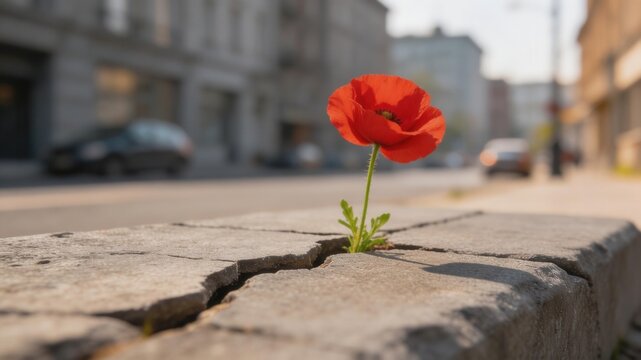 Resilience of Urban Poppy: A vibrant red poppy fearlessly blooms from a crack in the pavement, symbolizing resilience and the indomitable spirit of life in an urban setting.