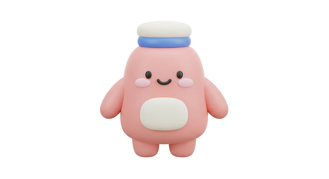 Isolated cute pink blob monster character with blue and white hat, smiling with round cheeks, perfect for children's illustrations and playful designs