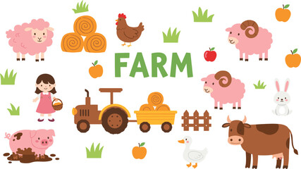 Fototapeta premium Comprehensive Farm Life Vector Set Featuring Cute Pink Sheep, Muddy Pig, Cow, Tractor, and Farm Girl with Harvest Elements for Children's Nursery and Educational Designs