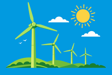 Fototapeta premium Green wind farm eco energy hill sun sky flat art vector clean power