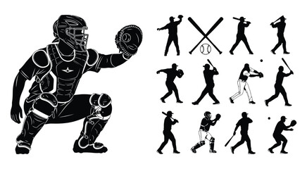 Fototapeta premium Black and white baseball catcher illustration with a collection of various player silhouettes in action poses
