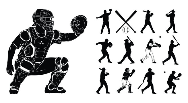 Black and white baseball catcher illustration with a collection of various player silhouettes in action poses
