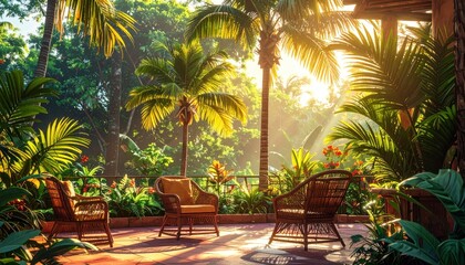 Fototapeta premium A serene tropical scene with wicker chairs and lush foliage