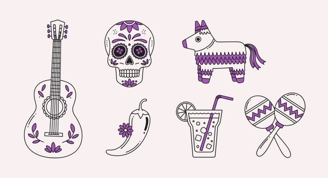 Mexican culture icons guitar skull pinata chili drink and maracas vector art