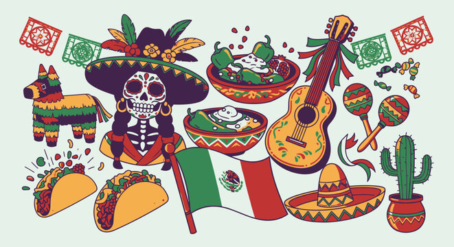 Mexican cultural symbols illustration sombrero guitar tacos fiesta elements