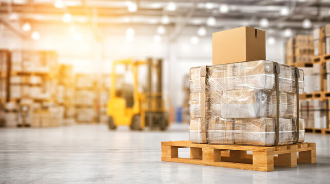A warehouse interior with a pallet of wrapped goods and a forklift in the background