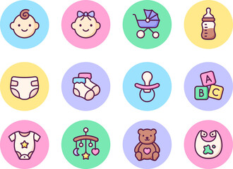 Obraz premium Baby and newborn care round icon set. Colorful circle symbols for strollers, toys, and infant clothes. Vector illustrations for mobile app highlights, web categories and UI UX design