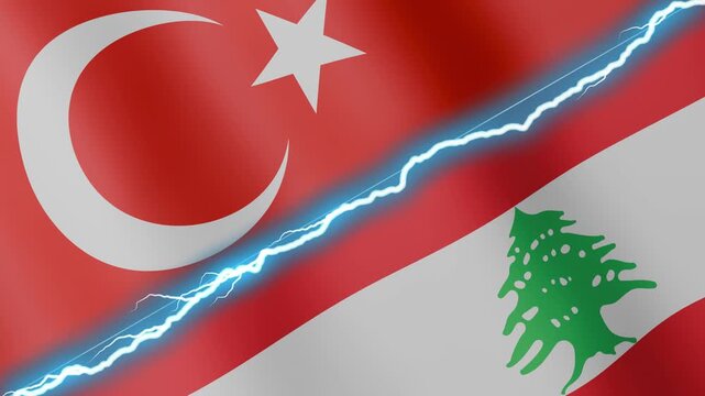 Two waving flags Turkey and Lebanon with diagonal lightning seamless, 4k loop
