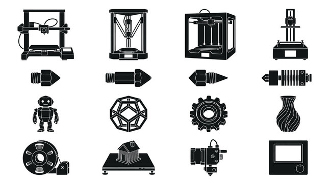 3D Printing Glyph Icons Set. Solid Additive Manufacturing Printer, Components  Objects