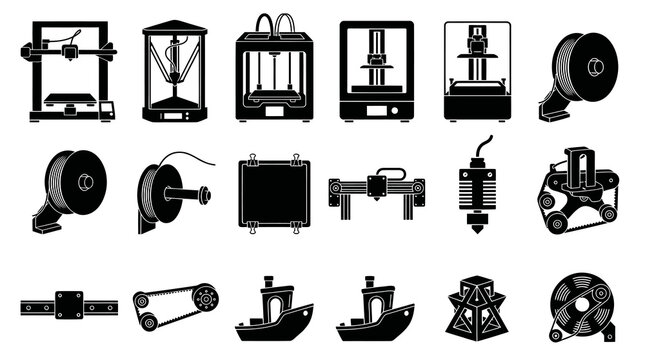 3D Printing Technology Glyph Icons Set - Printers, Filament, Parts, and Additive Manufacturing