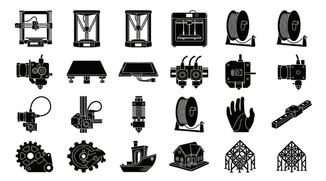 3D Printing Technology Icons Set - Black and White Glyph Art