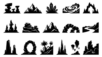 Obraz premium Black White Glyph Icons of Fantasy Rocks, Mountains and Crystals
