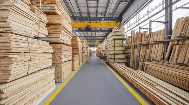 A large warehouse with stacks of lumber and a yellow line on the floor