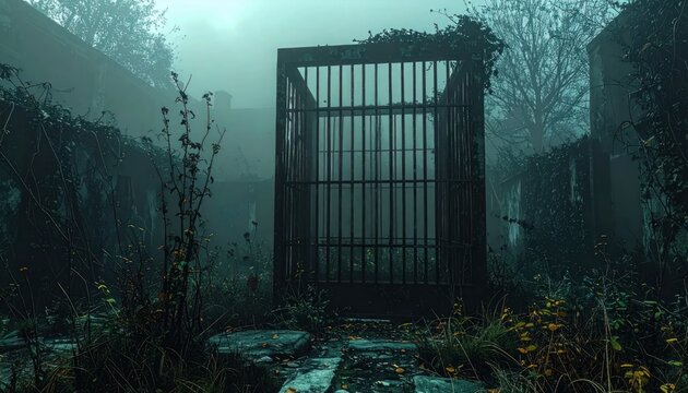 A foreboding, overgrown cage stands amidst abandoned, decaying structures