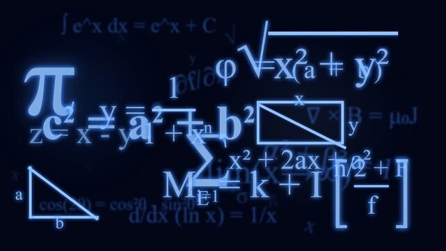 Intricate neon mathematical formulas and symbols, including pi, integration, and geometric equations, illuminating a dark, abstract visualization representing scientific research and complex
