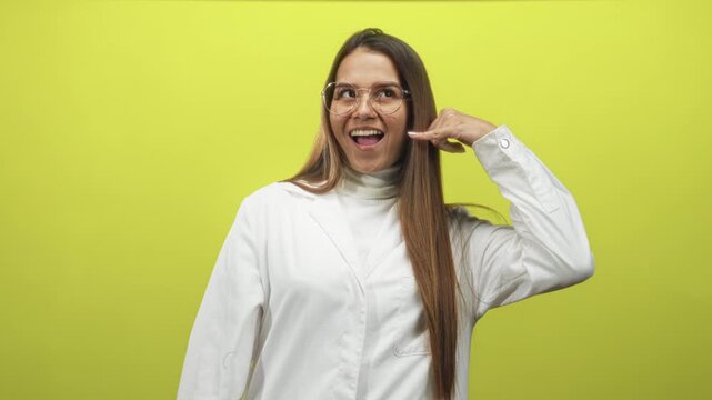 Woman smiling makes call me hand gesture with thumb and pinky and points with finger, wearing white coat in studio; playful invitation.