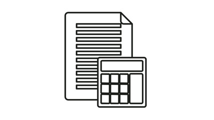 Accounting and financial planning vector icon featuring a document and calculator. Minimalist black line art symbol for business administration, tax calculation, and bookkeeping services. © Md