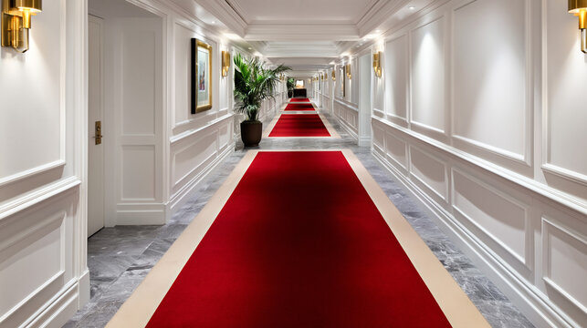 A luxurious hotel hallway with a red carpet and elegant white walls