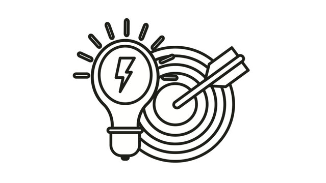 Vector icon illustration of a light bulb with a lightning bolt symbol next to a target with an arrow in the bullseye, representing creative ideas, business strategy, and goal achievement.