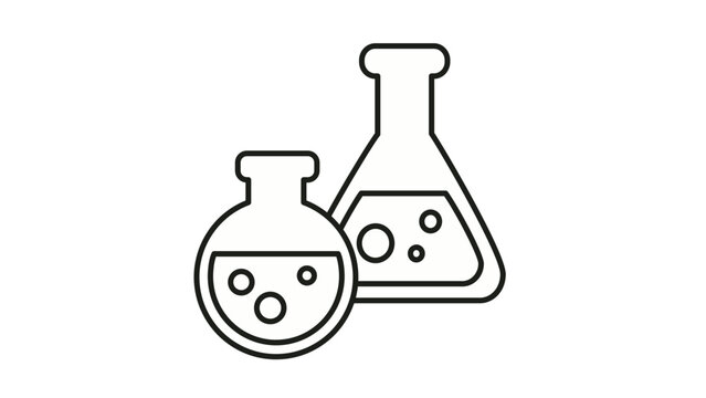 Black outline vector icon of laboratory flasks, including an Erlenmeyer flask and a round-bottom flask with bubbling liquid, representing science, chemistry experiments, and research.