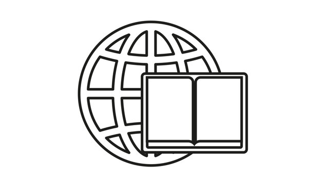 Black line art vector icon of an open book in front of a globe, symbolizing global education, international knowledge, world literature, online learning, academic research, and literacy.