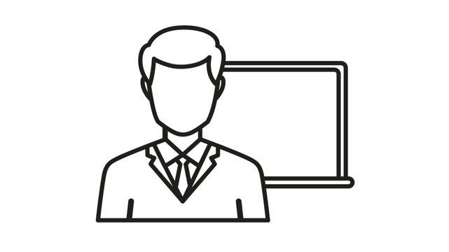 Black line art vector icon illustration of a professional man, teacher, or lecturer in a suit and tie standing before a whiteboard or presentation screen, ideal for education and business concepts.