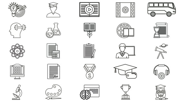 Vector Icon Set of 25 Black Minimalist Symbols for Education, Science, Business, and Technology. Includes Graduation, Laboratory Flasks, Books, Microscope, Trophy, AI, and Multimedia Graphics.