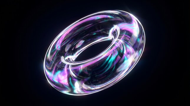 3D Abstract Iridescent Glass Torus Shape with Holographic Neon Glow