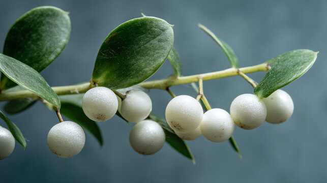 Close-up of white snowberry fruits on a branch with green leaves and a muted background
