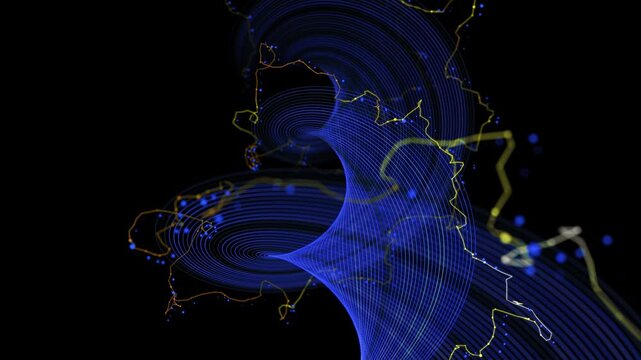 Abstract animation background from  spiral grid of force field with chaotic noisy line connecting dots in . Concept technology, science and medical visualisation.
