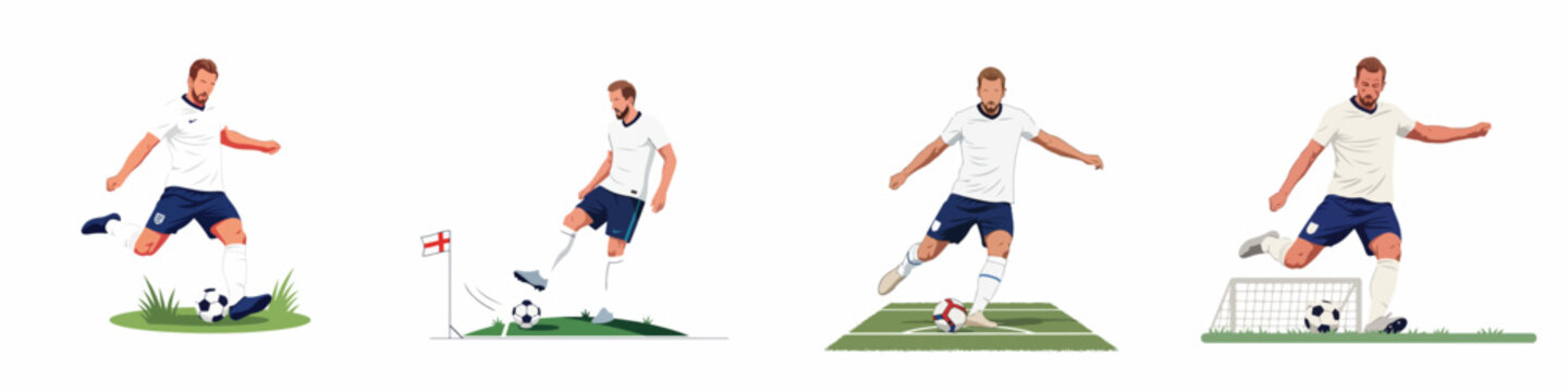 Set of four flat vector illustrations featuring a professional soccer player in action, wearing a white national team kit and kicking a football.