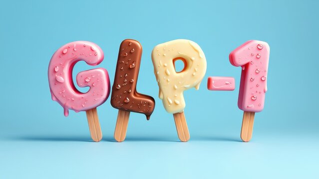 GLP-1 text made of melting popsicles on blue background, weight loss medication, diabetes treatment, sugar cravings suppression, pharmaceutical marketing, obesity management, peptide therapy