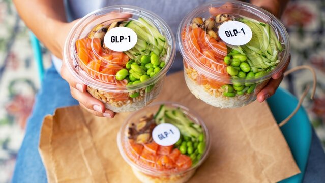 Woman holding fresh poke bowls with GLP-1 stickers, healthy meal prep for weight loss, salmon and vegetable bowls for metabolic health, diet delivery service, nutritious lunch containers, GLP-1 diet