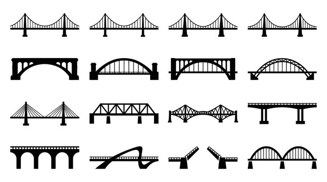 Construction Architecture Engineering Bridge Types Silhouette Vector Icons Set