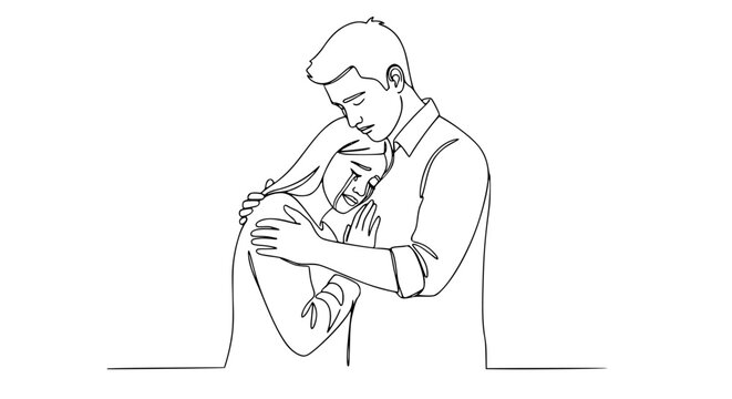 Couple embracing vector illustration showing a supportive man comforting his crying partner during a difficult emotional situation in a minimalist continuous single line art graphic style design