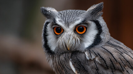 Naklejka premium Southern white-faced owl portrait showing intense orange eyes and fluffy facial disk
