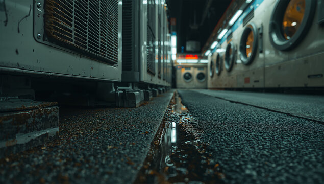 路面ローアングルで室外機列と洗濯機の光を強調した夜景