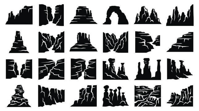 Nature Geological Rock Formations Silhouette Icons Set - Canyons, Mesas, Arches  Hoodoos Glyphs