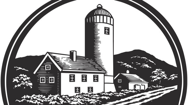 Black-and-white illustration of a rural landscape featuring a farmhouse and silo inside a circle