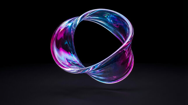Abstract 3D Iridescent Glass Mobius Loop on Black Background