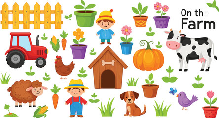 Fototapeta premium Charming Countryside Farm Vector Set Featuring Red Tractor, Dairy Cow, Spotted Dog, and Gardening Characters for Children's Educational Graphic Design and Rural Life Branding