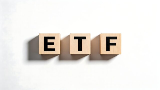 Wooden blocks spelling ETF on white background