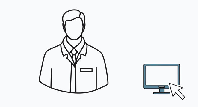 Professional person stands beside computer monitor with cursor pointing