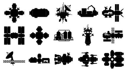 Obraz premium Space Exploration Technology: Black Glyph Icons Set of Orbital Space Station Modules and Structures