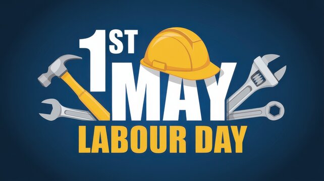 1st May Labour Day banner with tools and yellow hat on blue background
