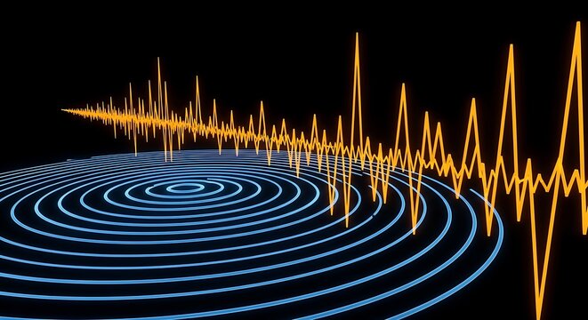 A digital visualization shows a waveform superimposed on concentric circles, representing seismic activity or sound waves emanating from a central point against a dark background.