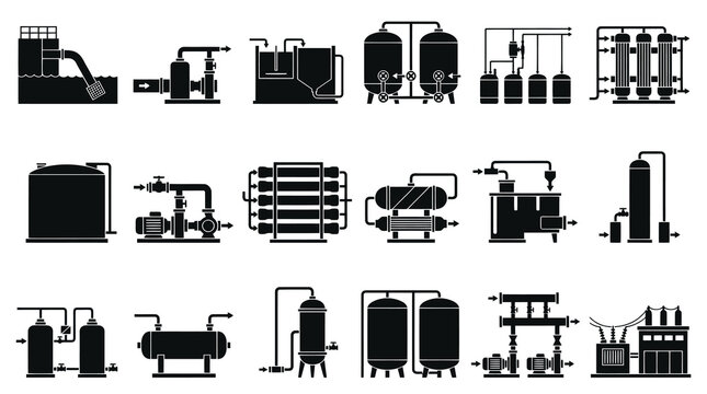 Industrial Water Treatment, Process Plant, and Energy Equipment Glyph Icons