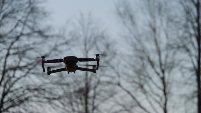 Drone rising from below and entering frame against bare winter trees